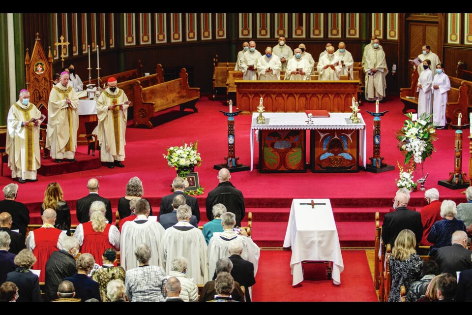 The funeral for Remi De Roo, former Catholic Bishop of Victoria, on Saturday at St. Andrews Cathedral in Victoria. DARREN STONE, TIMES COLONIST. Feb. 12, 2022 