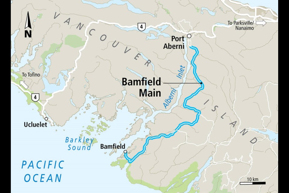 Map of Bamfield Main, from Port Alberni to Bamfield. 