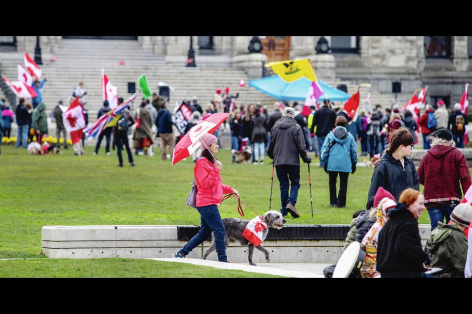 A group of protesters gathers at the B.C. legislature on Saturday. DARREN STONE, TIMES COLONIST. March 26, 2022 