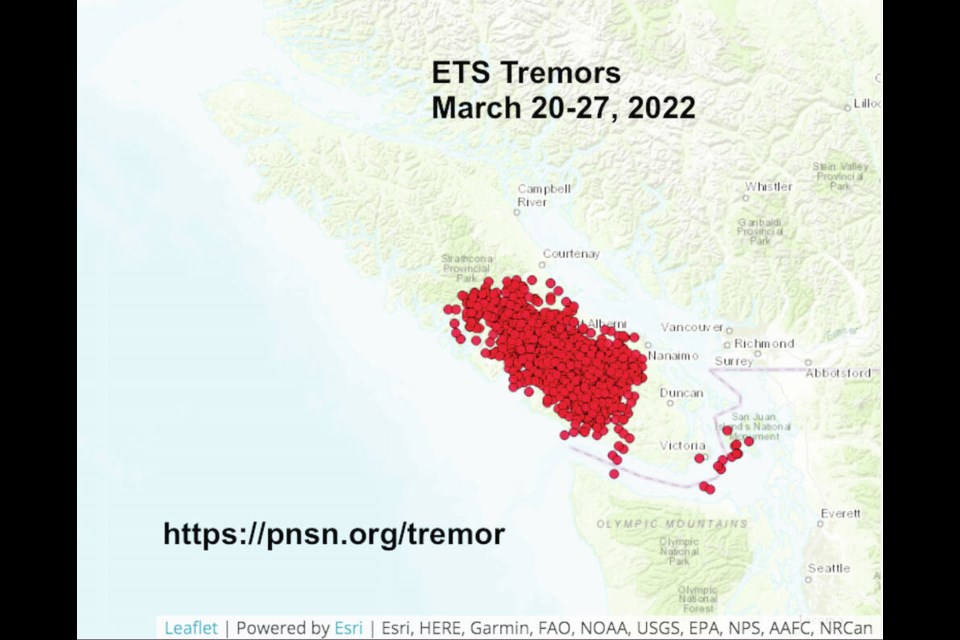 This map shows episodic tremor and slip events (ETS) recorded on south-central Vancouver Island starting March 20. VIA TWITTER 