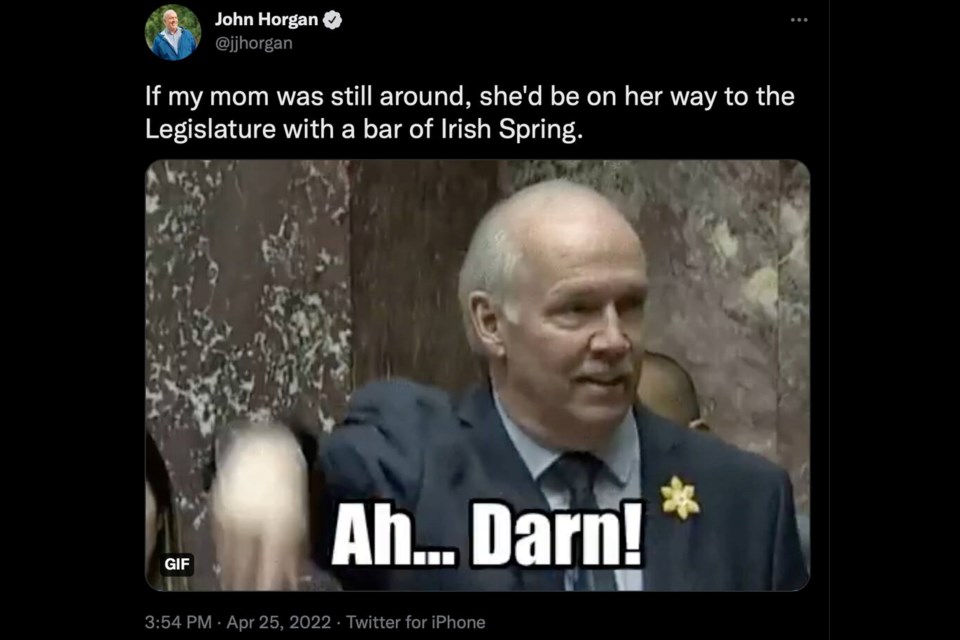 B.C. Premier John Horgan sent out a tweet after using profane language during question period at the B.C. legislature on Monday, April 25, 2022.   @JJHHORGAN VIA TWITTER