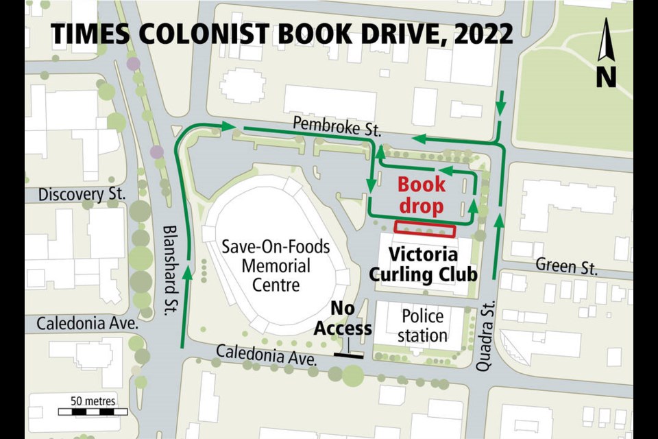 Map: How to navigate the book drop-off for the 2022 Times Colonist Book Drive, at the Victoria Curling Club parking lot, 1952 Quadra St. 