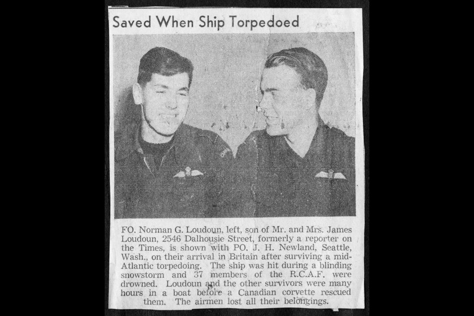 Flying Officer Norman Loudoun, left, on the front of the Victoria Daily Times after surviving the sinking of the Amerika. 