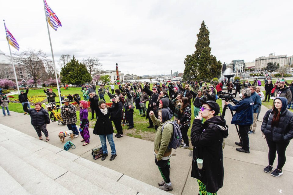 A smaller-than-normal crowd, maybe 200 people, lit up their cannabis at 4:20 p.m. for Victoria's first such event in two years. DARREN STONE, TIMES COLONIST 