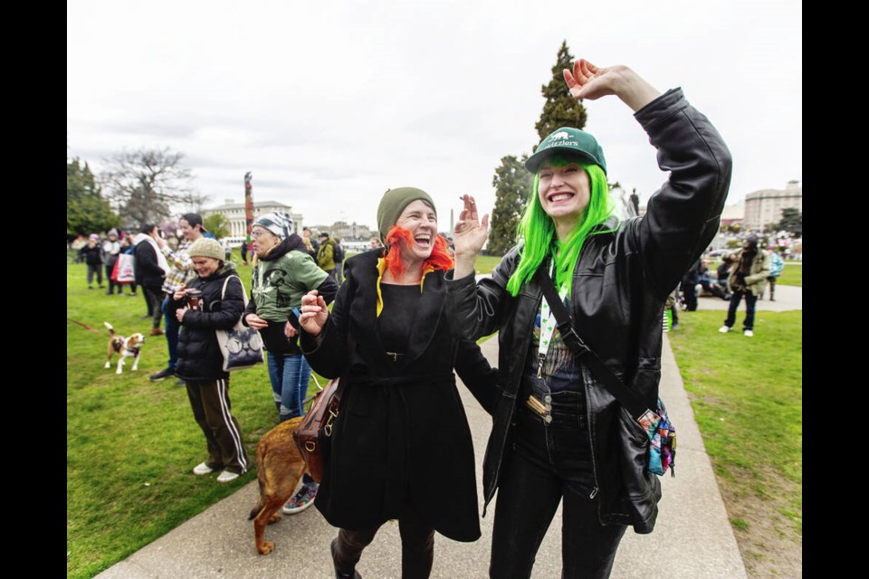 Nanise and Mira during 4:20 event held outside the B.C. legislature on Wednesday. DARREN STONE, TIMES COLONIST 