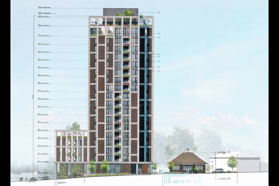 An artist's rendering of the proposed mixed-use tower on the site of the Med Grill restaurant on West Saanich Road. DAMBROSIO ARCHITECTURE + URBANISM 