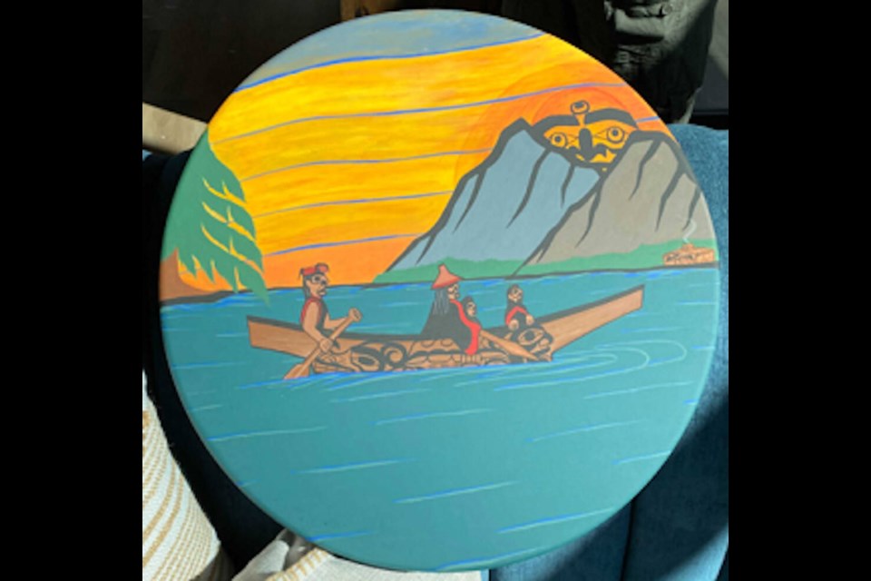 A hand-painted drum by Greg Henderson is one of two pieces of art taken from a Campbell River charity. Via Campbell River RCMP.