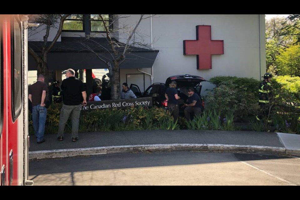 It appears that a car left the roadway and ran into the Canadian Red Cross Building at Quadra Street and Fairfield Road. ADRIAN LAM, TIMES COLONIST