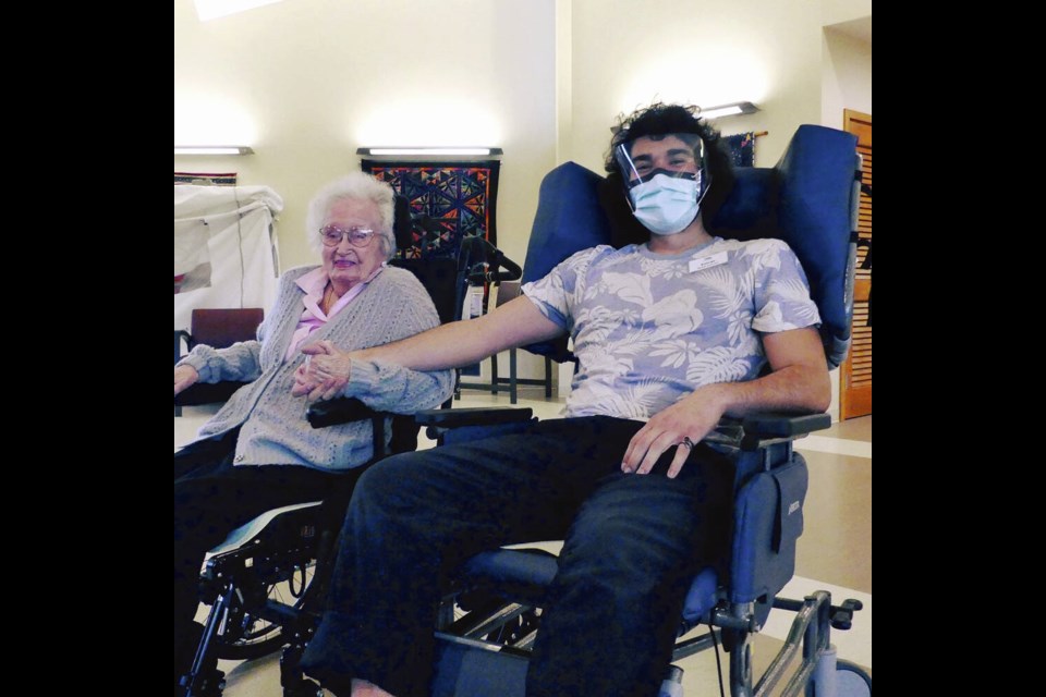 Saanich Peninsula Hospital patient Ruth Elliot and Lucas Gentina sit together in wheelchairs. SAANICH PENINSULA HOSPITAL & HEALTHCARE FOUNDATION 