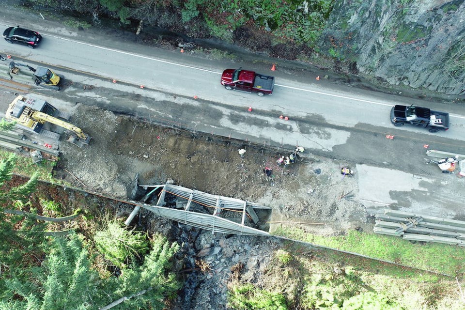 Aerial view shows damage to northbound lanes of the Malahat in the Tunnel Hill area caused by heavy rains in November. MINISTRY OF TRANSPORTATION AND INFRASTRUCTURE