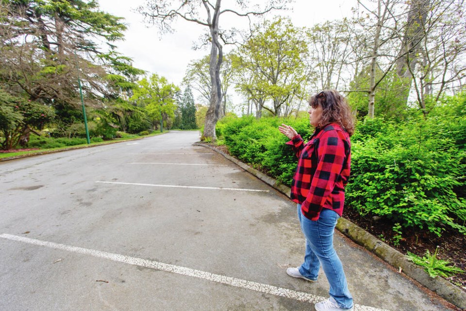 Susan Simmons, president of the MS Wellness Centre, at the Arbutus Way parking lot where the city plans to put pickleball courts in Beacon Hill Park. DARREN STONE, TIMES COLONIST 