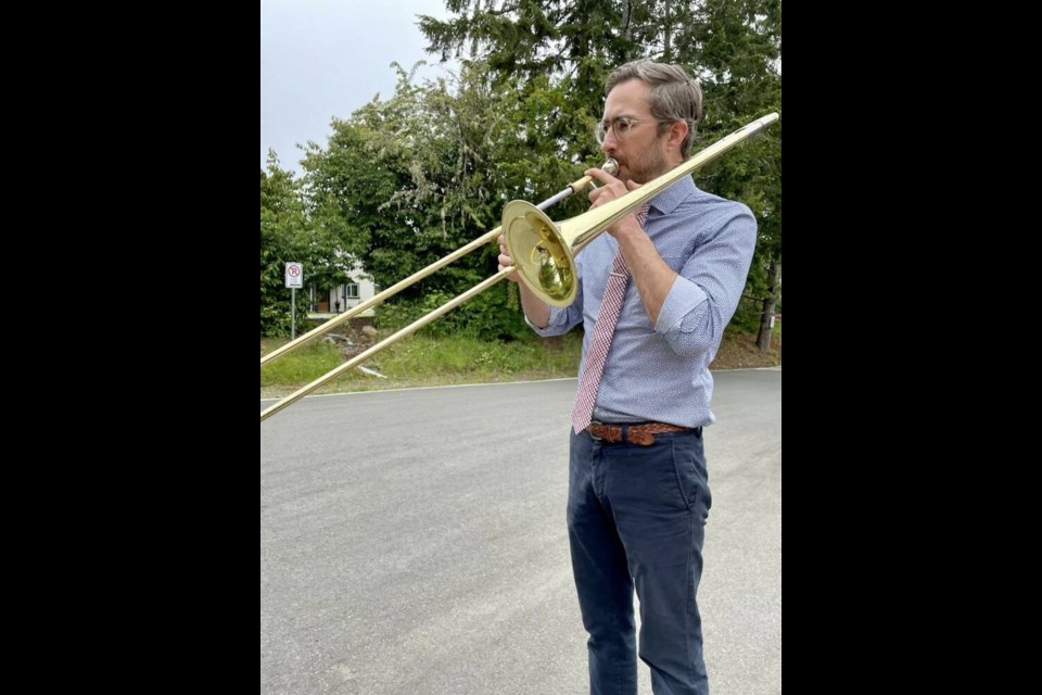Tristan Clausen, a music teacher at St. John's Academy in Shawnigan Lake, says he scared off a bear by playing the trombone. COURTESY TRISTAN CLAUSEN 