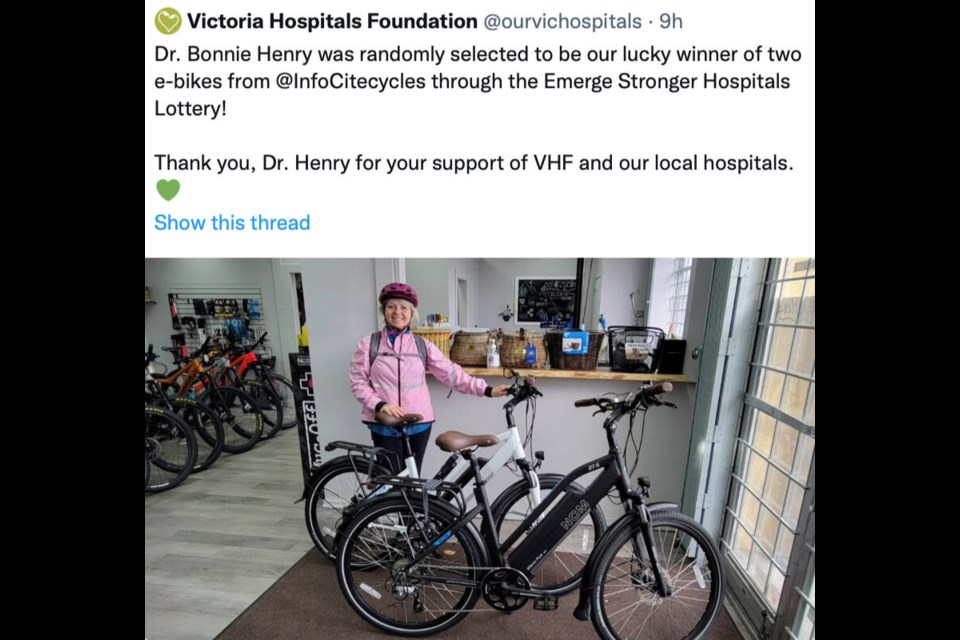 A screenshot of a tweet, later deleted, from the Victoria Hospitals Foundation saying Dr. Bonnie Henry had won a draw for an e-bike.