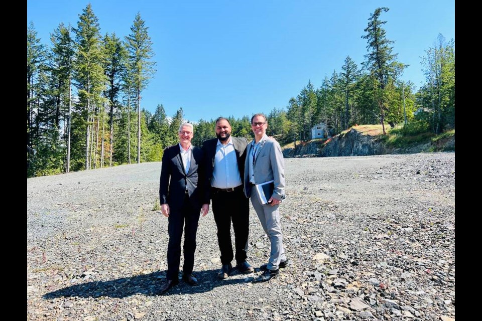 From left, Sooke School District superintendent Scott Stinson, board chair Ravi Parmar and secretary treasurer Harold Cull on the site of a new elementary school north of the intersection of Latoria Road and Klahanie Drive. The provincial government has announced $39.6 million in funding to build the new 480-seat facility. VIA RAVI PARMAR 