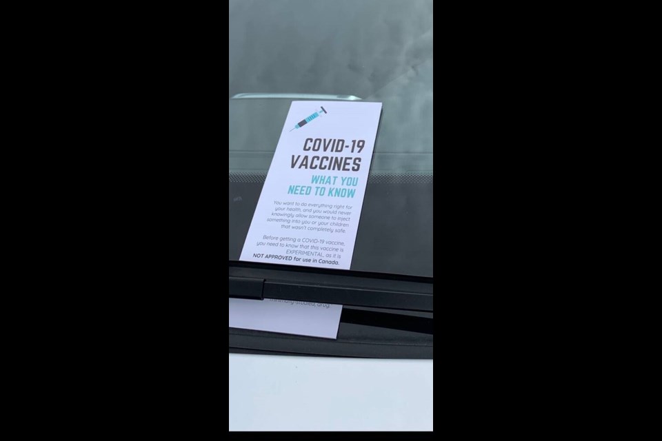An anti-vaccine leaflet left on a vehicle at Royal Jubilee Hospital. The material was produced by a group calling itself Childrens Health Defense Canada. Children's Health Defense is a U.S. organization based in New Jersey and fronted by Robert F. Kennedy, Jr. 