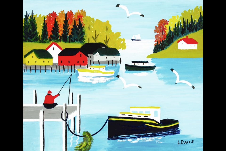 Maud Lewis' Fisherman on Dock (1958), oil on beaverboard. McMichael Canadian Art Collection 