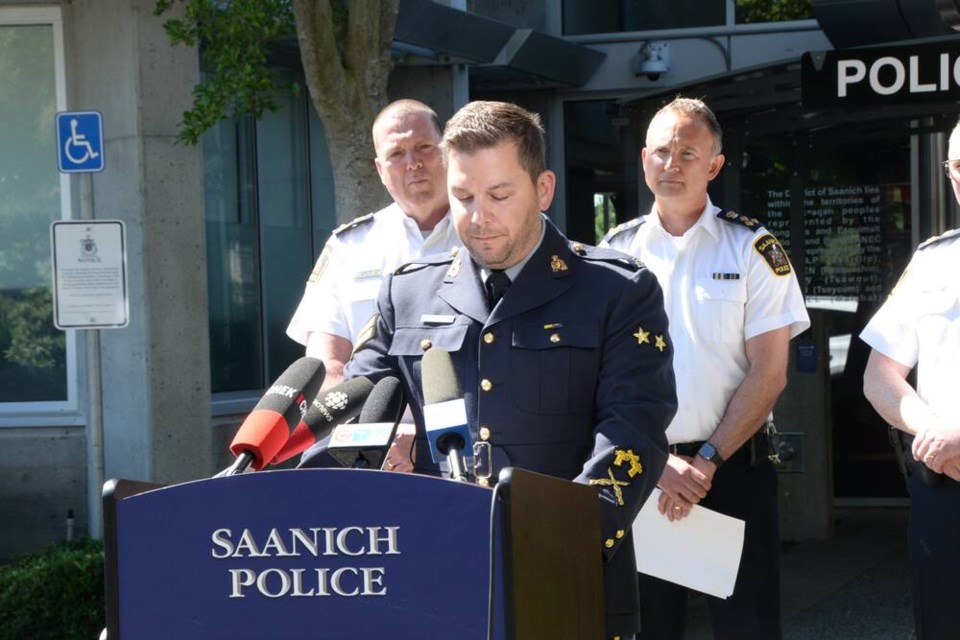 Island RCMP spokesperson Cpl. Alex Bérubé addressed media at a news conference Thursday afternoon on an armed robbery and shootout at a Saanich bank Tuesday morning that left two suspects dead and six police officers injured. NINA GROSSMAN 