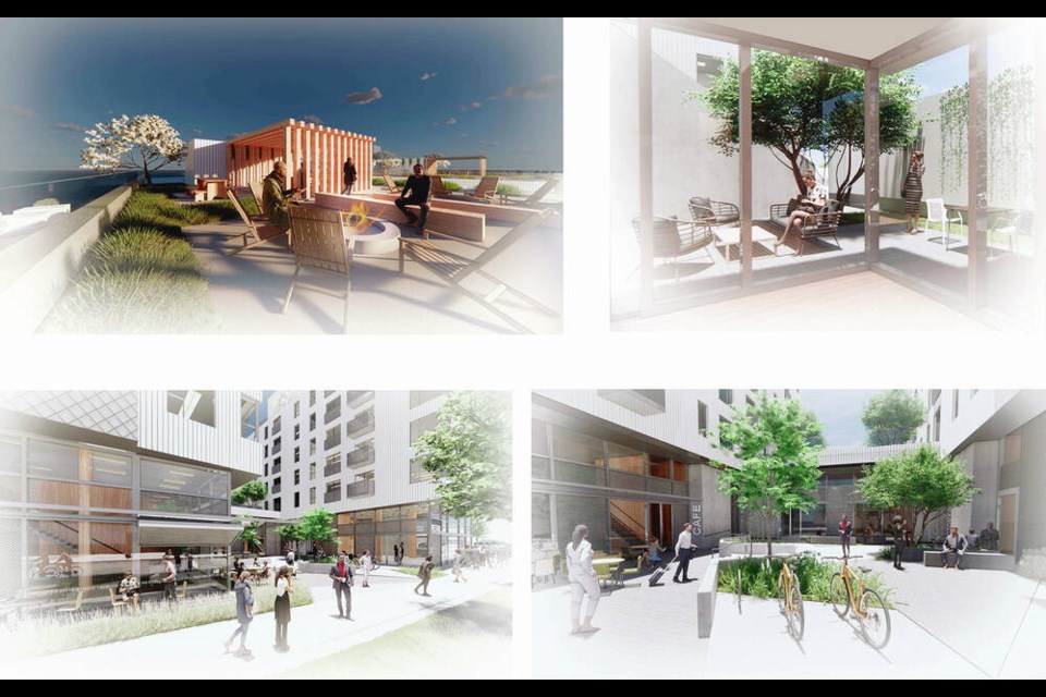 Artist's rendering of proposed development at 480 and 492 Esquimalt Rd. Clockwise from top left: Residential rooftop patio, commercial rooftop terrace, commercial entrance and public courtyard. Via Aryze Developments. 
