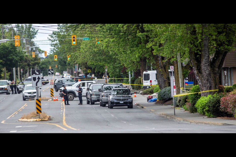 The day-after scene of a bank robbery and shootout that happened on June 28, 2022 at a Bank of Montreal branch in Saanich on Shelbourne Street near Pear. DARREN STONE, TIMES COLONIST. June 29, 2022 