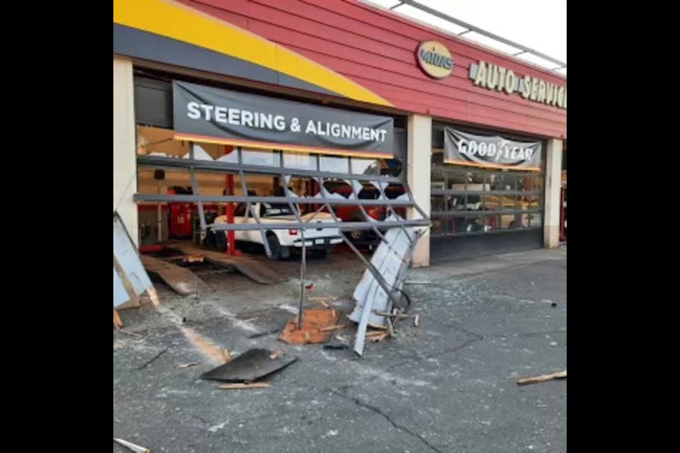 Thieves stole vehicles and used them to smash their way out of the Nanaimo Midas location on Island Highway in Nanaimo. COURTESY KEVIN GOLDSBURY