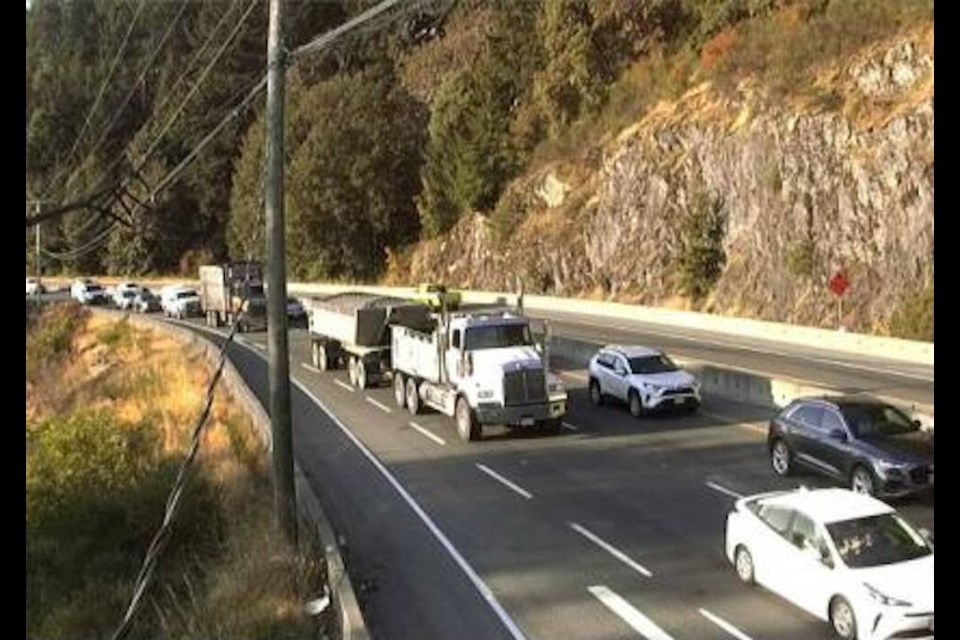 A vehicle fire caused delays on the Malahat on Thursday, Aug. 25, 2022. DRIVE B.C.