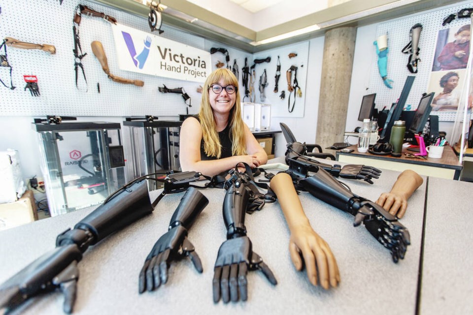 Kelly Knights of the Hand Project, with 3D printed prosthetic upper limbs in the UVic Engineering Lab Wing. The project is looking to expand to Ukraine where many have lost limbs during the ongoing war with Russia. DARREN STONE, TIMES COLONIST  