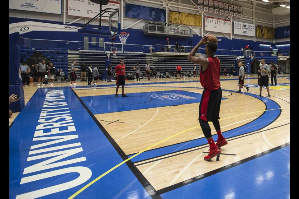 The Toronto Raptors players practise after opening their training camp at the CARSA gym on the University of Victoria campus in 2017. DARREN STONE, TIMES COLONIST