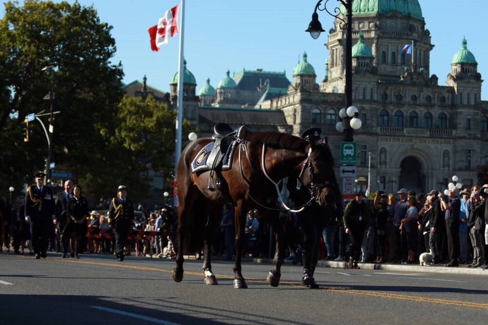 A riderless horse, a symbol of a fallen comrade, led in tribute to Queen Elizabeth, participates in a ceremonial procession lead by the Royal Guard of Honour during a provincial commemorative service for the late Sovereign during a national day of mourning in Victoria, Monday, Sept. 19, 2022. THE CANADIAN PRESS/Chad Hipolito