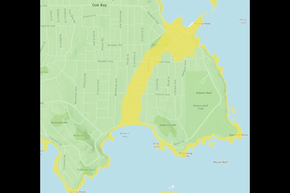 Areas in Oak Bay at higher risk of being affected by a tsunami are shown in yellow. GOVERNMENT OF B.C. 