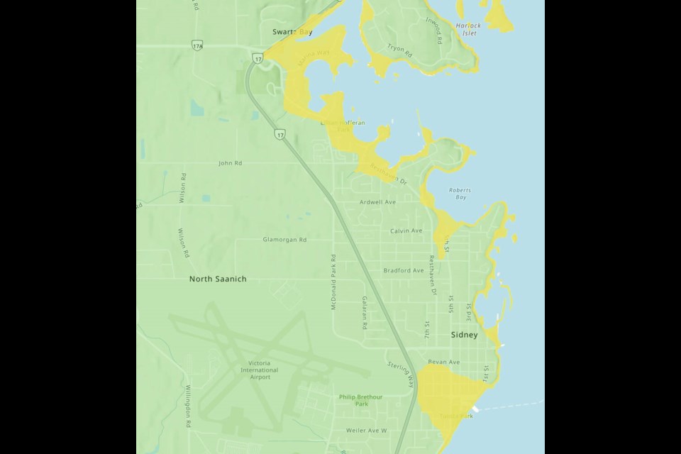 Areas in Sidney at higher risk of being affected by a tsunami are shown in yellow. GOVERNMENT OF B.C. 