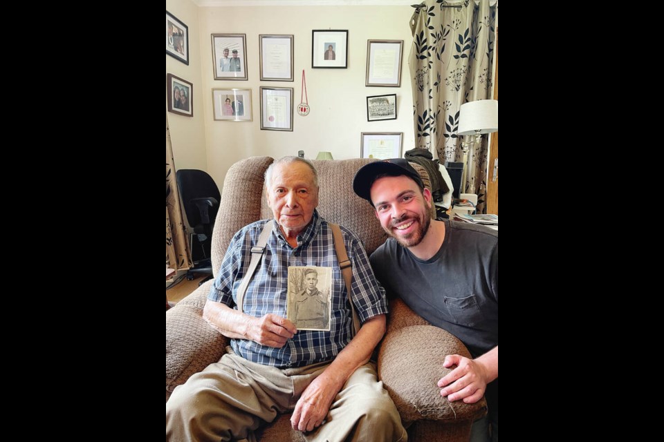 Filmmaker Eric Brunt with veteran Donald Smoke at Alderville First Nation in Ontario in June. Brunt has been interviewing Second World War veterans across the country since 2018. Montreal-based Melki Films Inc. has announced it is producing Brunts film project for the Canadian War Museum. VIA ERIC BRUNT 