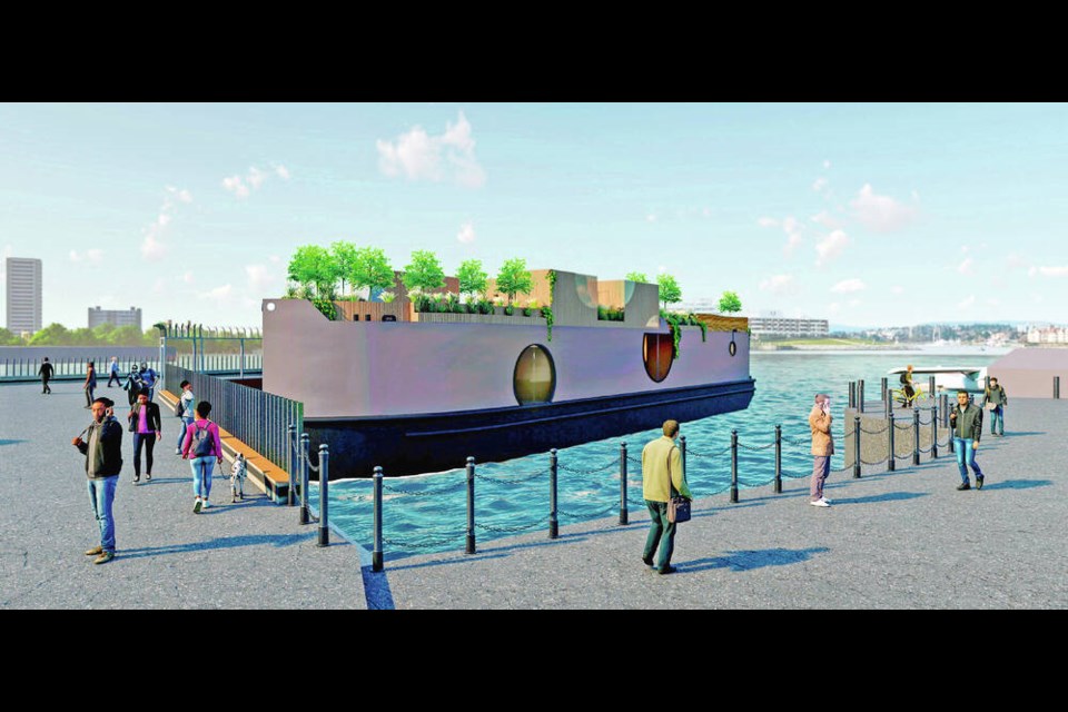 Havn Saunas has proposed a Nordic-style sauna facility to be built on a barge moored at Ship Point, where it would offer saunas, hot and cold-water pools, event space, a saltwater pool and green space to relax and take in the waterfront. Via HAVN Experiences Ltd. 
