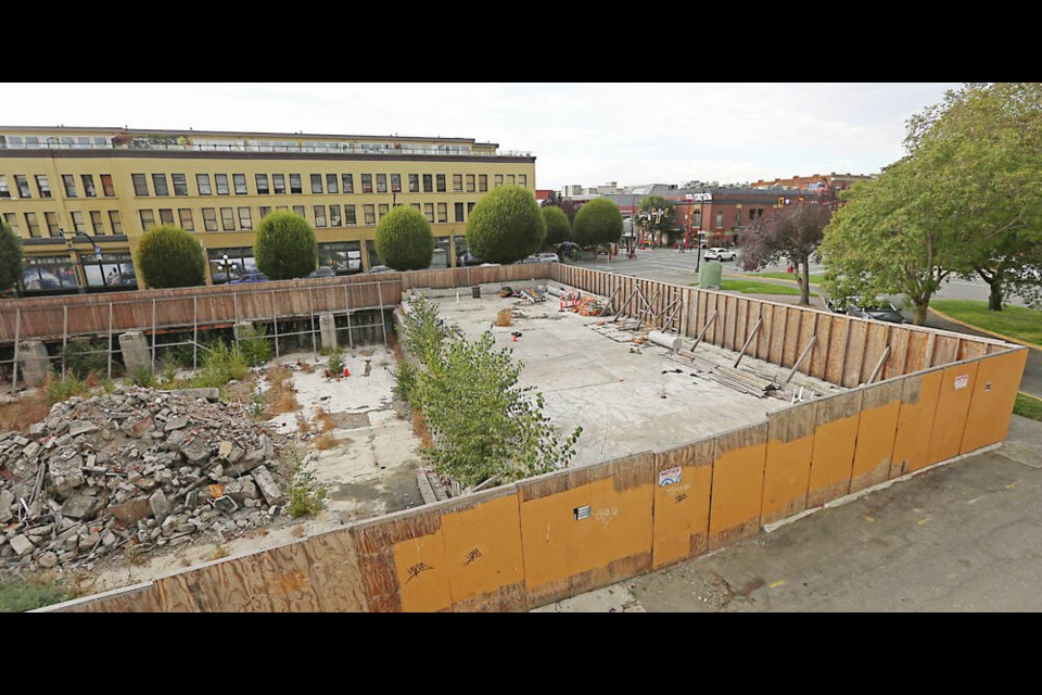 The empty lot at the corner of Pandora Avenue and Government Street where the Plaza Hotel used to stand. The building was destroyed by fire in 2019. ADRIAN LAM, TIMES COLONIST 