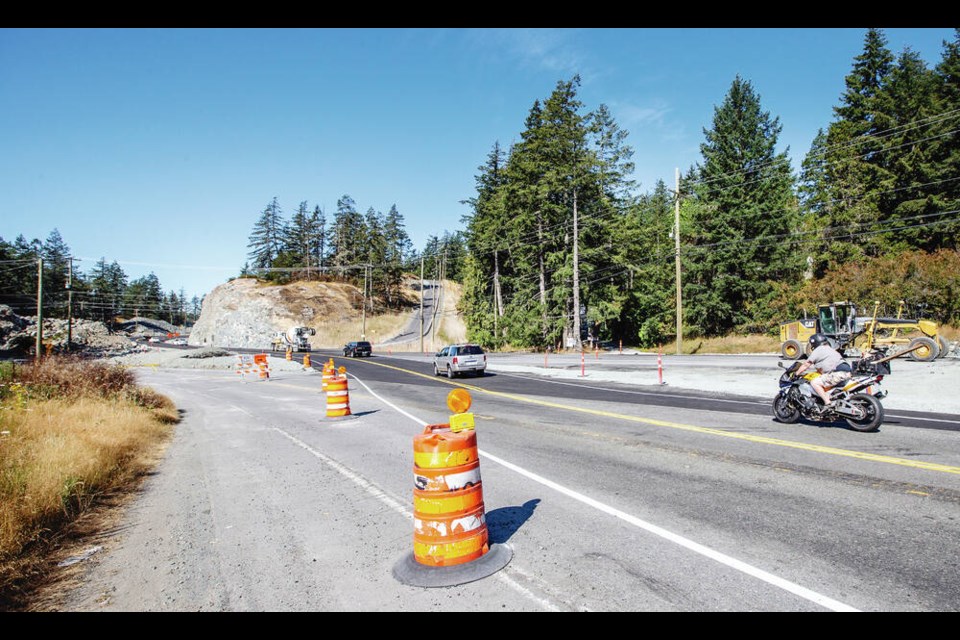 Traffic moves through the Highway 14 construction project near Connie Road in August. DARREN STONE, TIMES COLONIST 