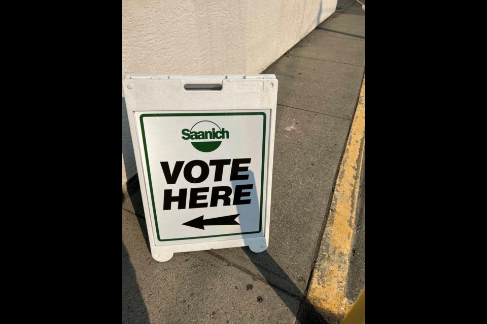 A Vote Here sign at Reynolds Secondary School in Saanich. The school was a voting site for the Oct. 15 civic election. TIMES COLONIST 