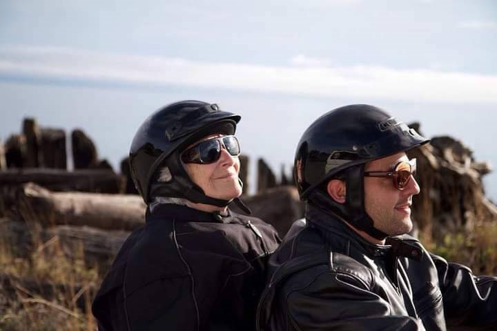 Joyce Jay takes a ride on a motorcycle on her 100th birthday in 2017 with Dave Brett, a friend of the family, in Comox. COURTESY OF THE JAY FAMILY 