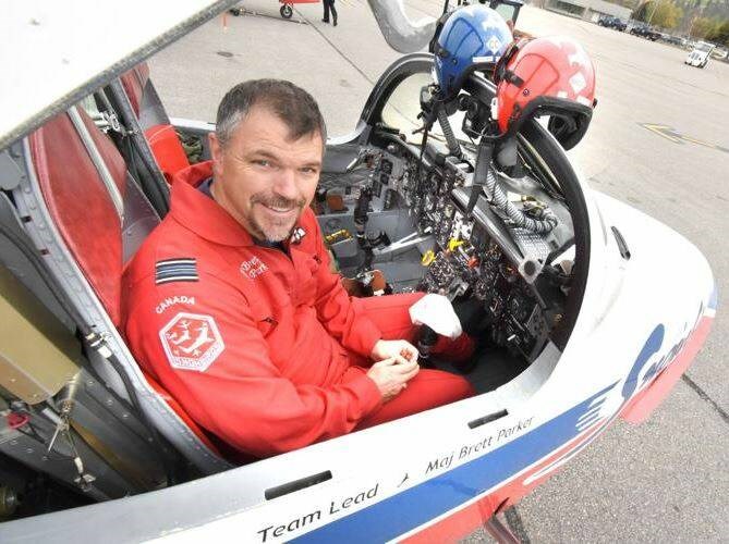 Major Brett Parker at the controls of Snowbird 1 prior to leaving Penticton on Thursday, Sept. 20, 2022. MARK BRETT, PENTICTON HERALD