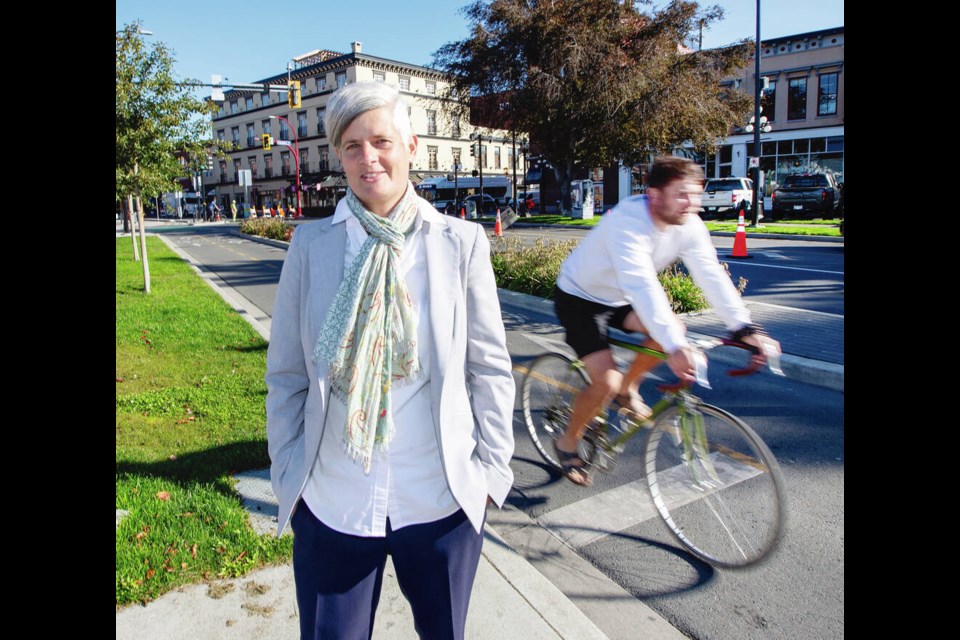 Outgoing Victoria Mayor Lisa Helps stands near bike lanes on Store Street, one of her councils legacies, for which she took a lot of heat. DARREN STONE, TIMES COLONIST 