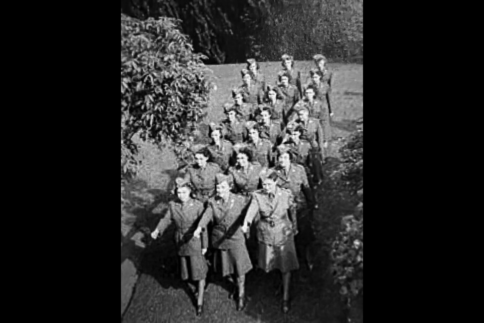 Members of the Canadian Women's Army Corps Pipe Band are seen marching in formation in a photo taken during the Second World War. The Canadian Women's Army Corps was formed to improve the perception of women in the military and to encourage more women to join. PHOTO VIA LEXIE STEPHEN  