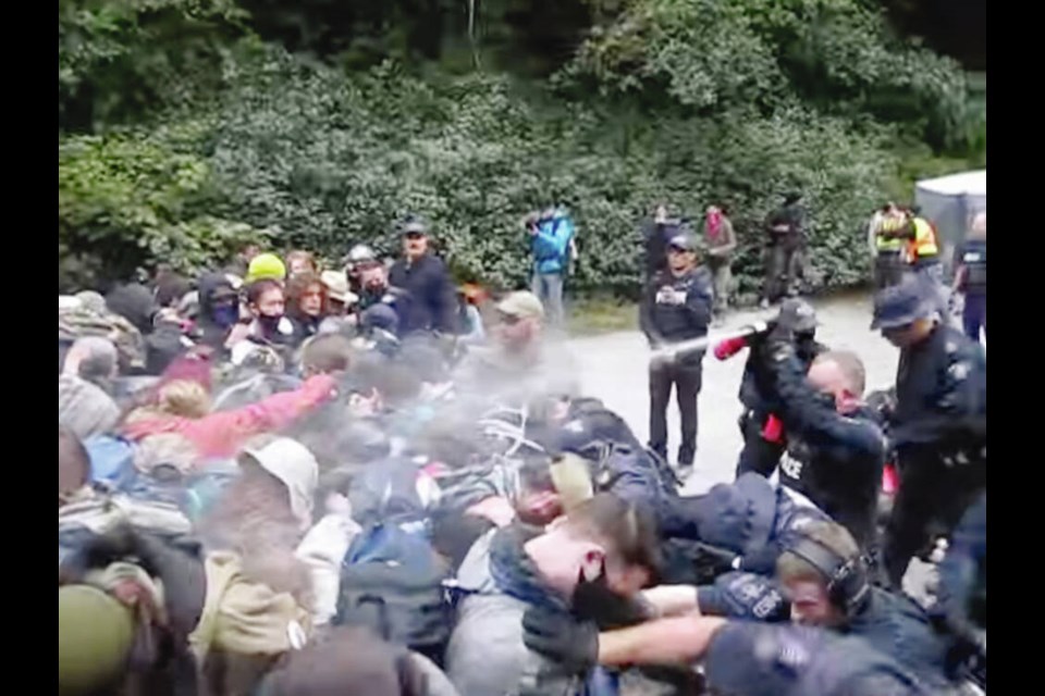 A screengrab from a video posted to YouTube on Aug. 21, 2021, shows RCMP using pepper spray on a group of protesters at Fairy Creek. 