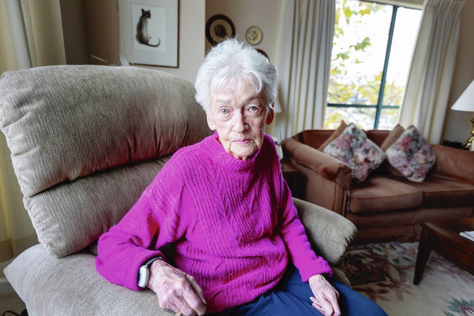 One-hundred-year-old Lexie Stephen, who lives at Parkwood Place, was a drummer in the Canadian Women's Army Corps Pipe Band.  DARREN STONE, TIMES COLONIST  