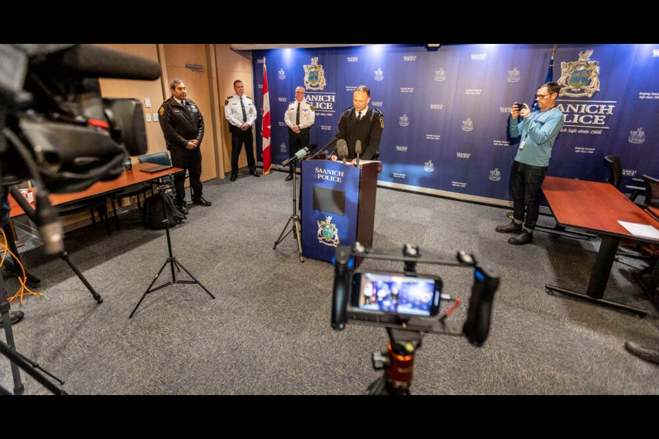 Saanich Police Chief Dean Duthie and Victoria Police Chief Del Manak held a news conference on Wednesday. DARREN STONE, TIMES COLONIST 