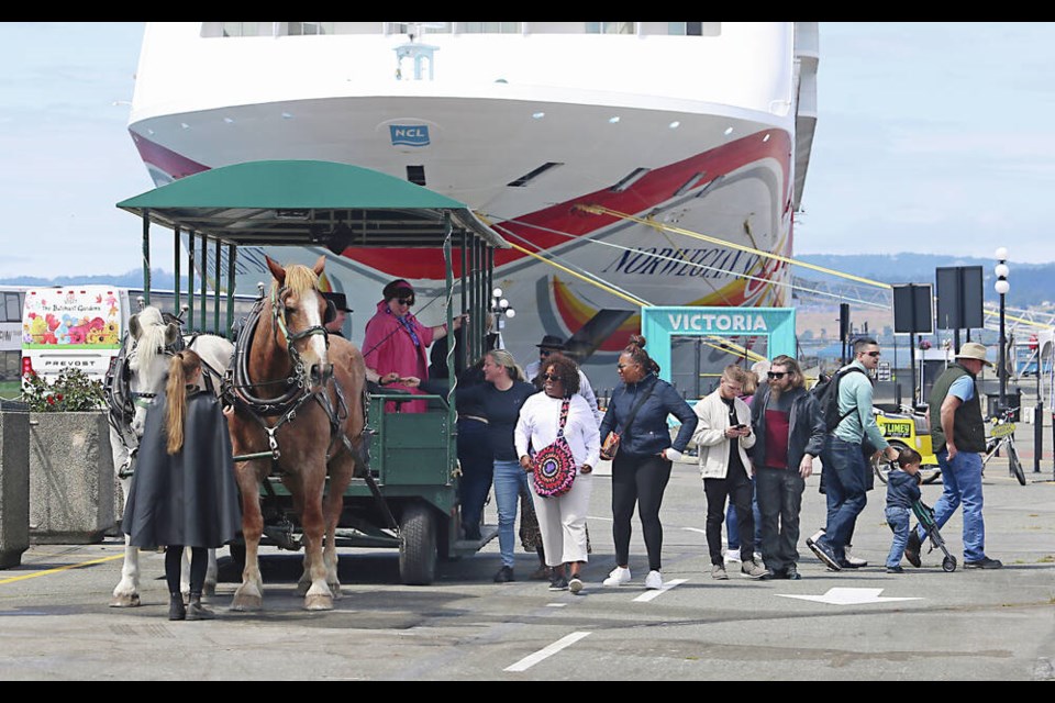 Tourists and the cruise ship Norwegian Sun at Ogden Point. ADRIAN LAM, TIMES COLONIST 