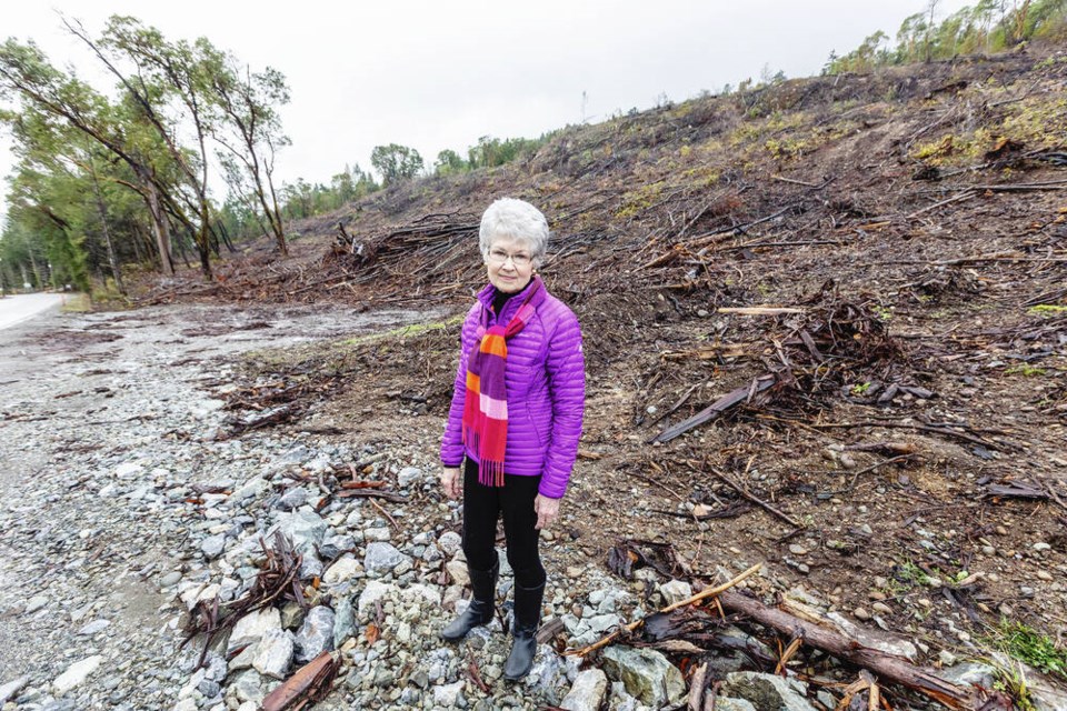Mill Bay resident Maureen Alexander at an area on Trowsse Road that has been clearcut for a future quarry near the Bamberton site in Mill Bay. DARREN STONE, TIMES COLONIST 