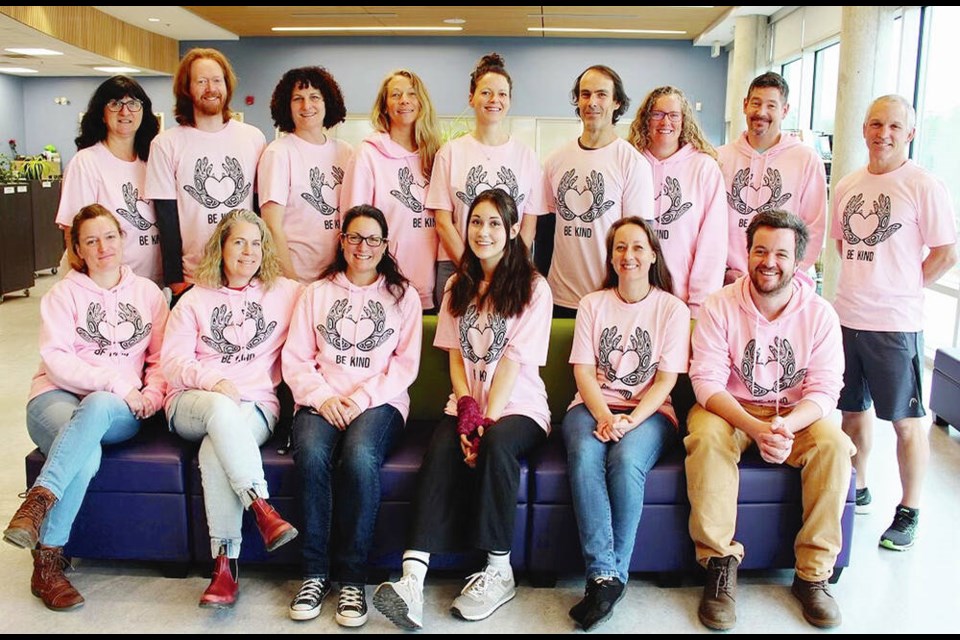 A design by Koyah Morgan-Banke, middle, a Grade 12 student in Ucluelet, was selected for this years Pink Shirt Day, an annual event to promote kindness and empathy. SUBMITTED 