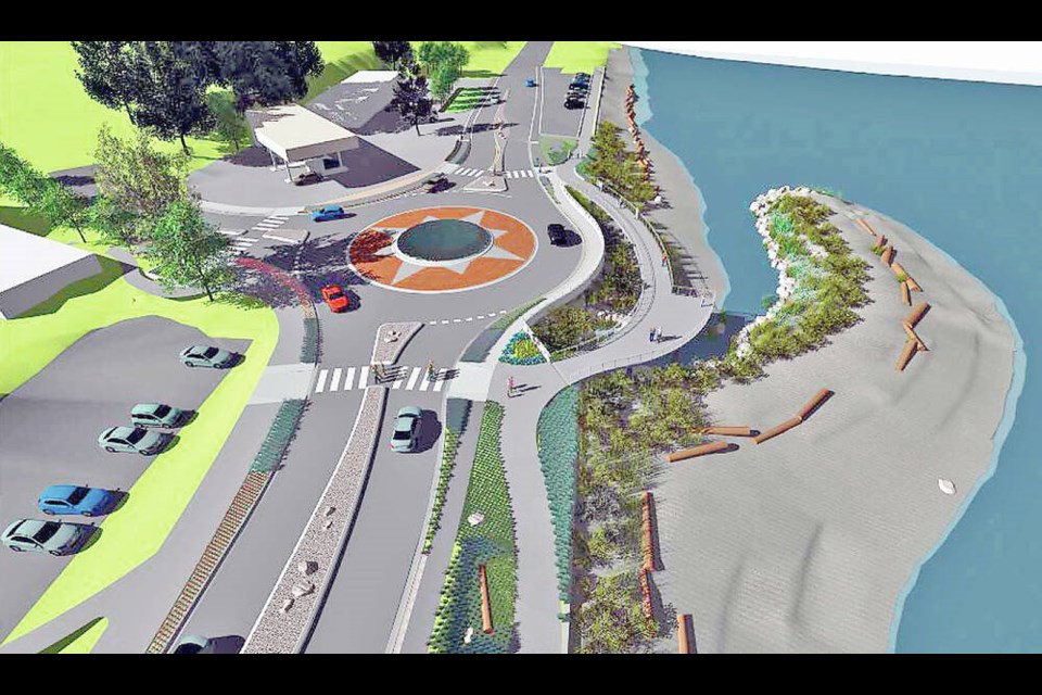 A preliminary drawing of a proposed waterfront walkway with an elevated viewing platform on the water side of the existing Memorial Avenue roundabout. TOWN OF QUALICUM BEACH 