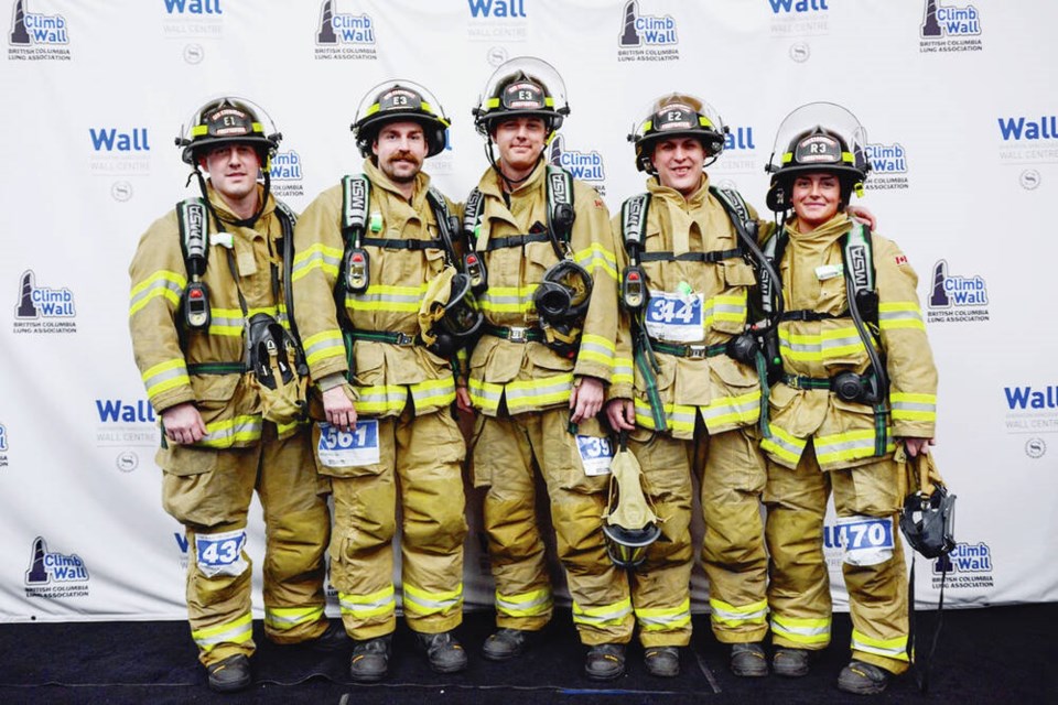 Keith Kershaw (344), Tristan Thomas (561), Mike Gordon (397), Jeff Clarkson (344) and Alexandria Marshall (470) of the CFB Esquimalt Fire Department are among 219 firefighters gathered for the B.C. Lung Foundations 22nd Climb the Wall fundraising event at the Sheraton Vancouver Wall Centre. Firefighters from Colwood, View Royal, Esquimalt and Oak Bay were set to climb the 48-storey hotels fire stairs wearing up to 34 kilograms of turnout gear. Via B.C. Lung Foundation 