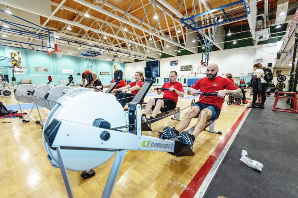 Patrick Gordon, far right, rows with fellow members of Canadas team heading to the 2023 Invictus Games in Dusseldorf, Germany, at a training camp at the Naden Athletic Centre at CFB Esquimalt on Vancouver Island. PHOTO COURTESY OF DARREN STONE, TIMES COLONIST 