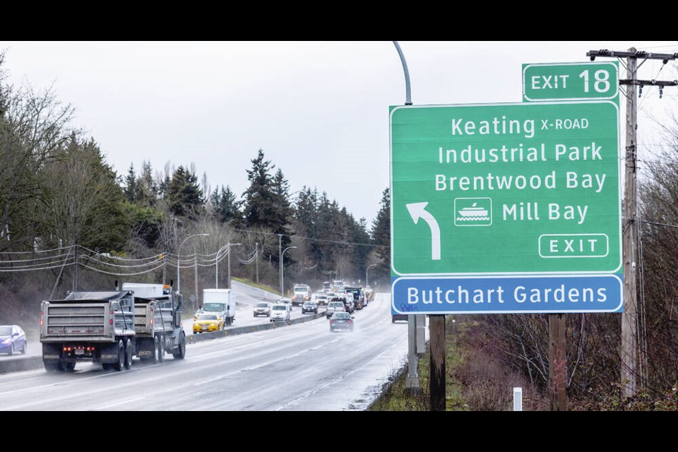 Vehicles line up to turn left onto Keating Cross Road from Pat Bay Highway. DARREN STONE, TIMES COLONIST 