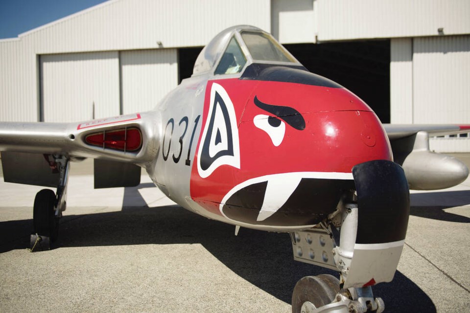 Image of the de Havilland Vampire fighter jet in front of Hangar 12 in Comox, British Columbia on June 11, 2019.

Photo by Corporal Nathan Spence 
19 Operations Support Squadron
